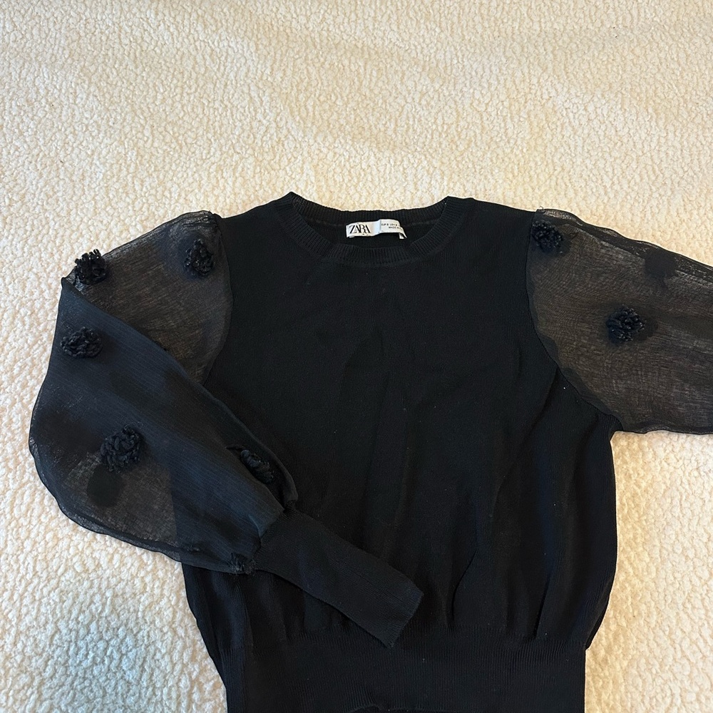 Zara Black Sweater with Floral Sheer Sleeves S